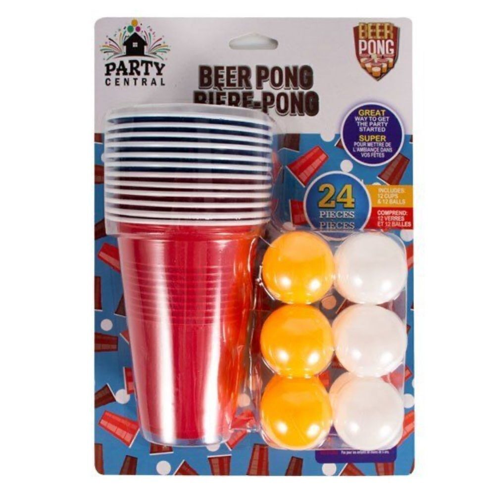 Party Central Beer Pong Ball and Cup Party Drinking Game, 24-Piece Set